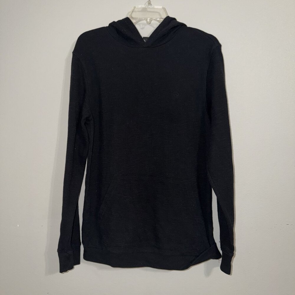 Volcom Hooded Waffle Knit Black Sweatshirt Mens Size Medium‎ Pocket Streetwear